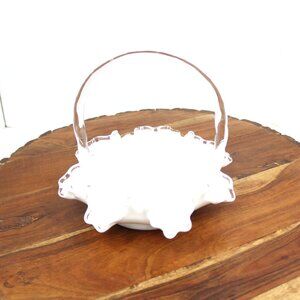 Fenton Silver Crest Milk Glass Basket with a Clear Ruffled Rim & Handle Vintage